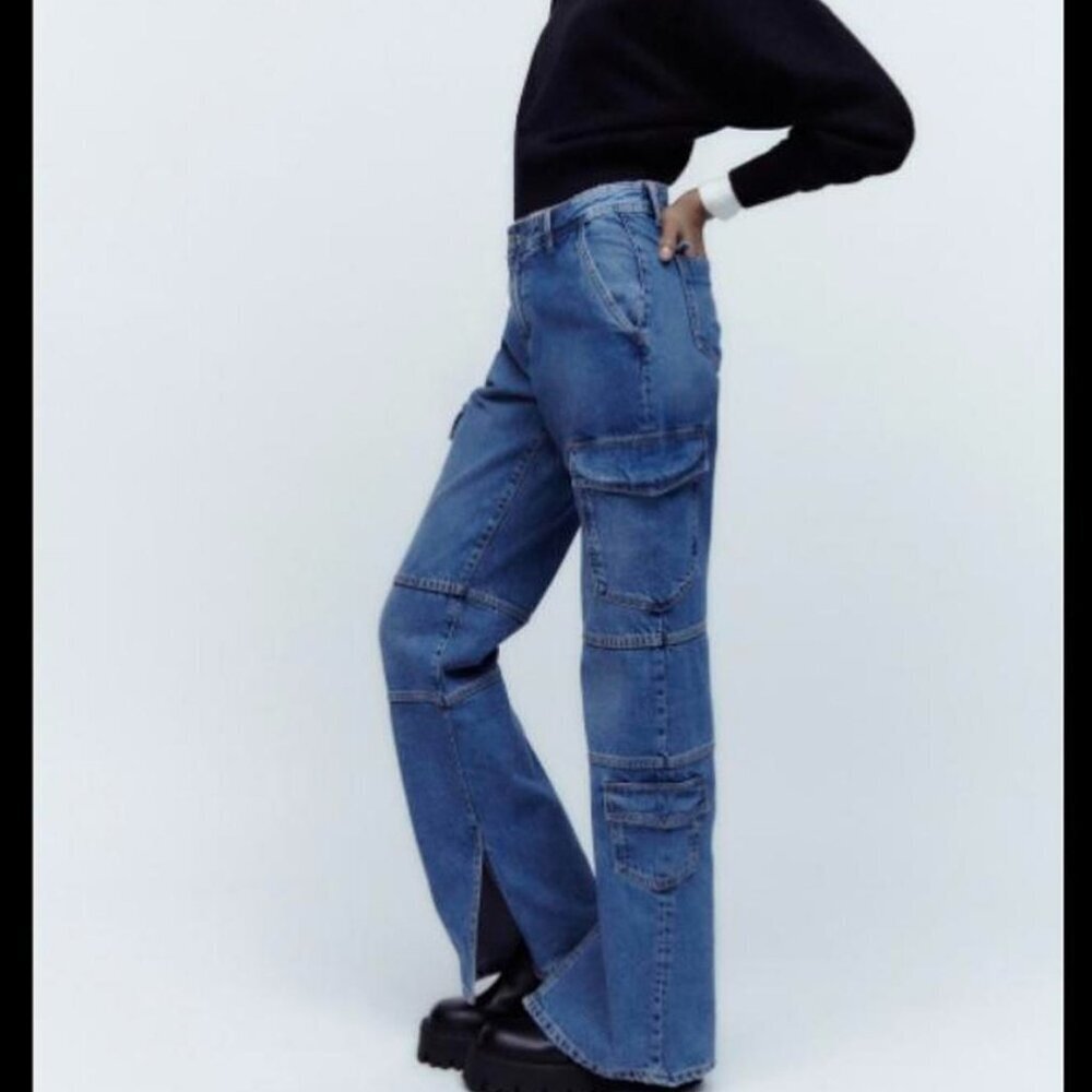 Zara blue jean cargo pants split hem 8/ 40